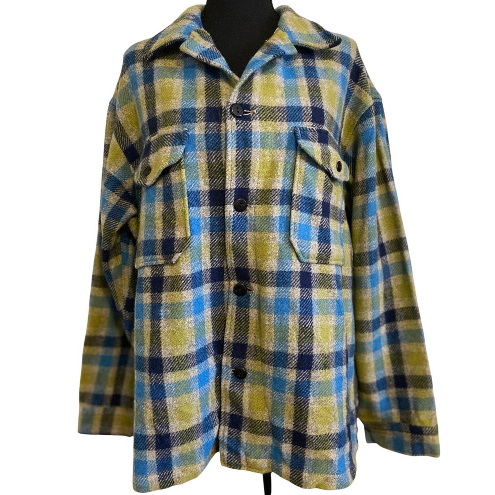 Vtg Pendleton Virgin Wool Heavy plaid shirt/Jacket Blue Green Plaid XL 1960s